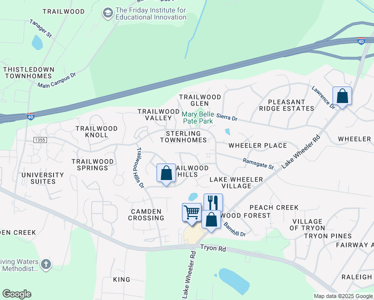 map of restaurants, bars, coffee shops, grocery stores, and more near 2413 Horizon Hike Court in Raleigh
