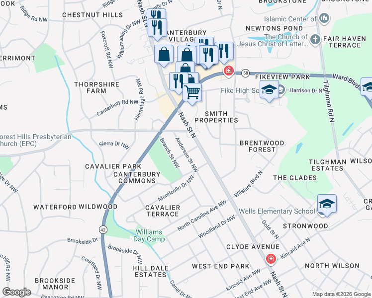 map of restaurants, bars, coffee shops, grocery stores, and more near 106 Rowe Avenue Northwest in Wilson