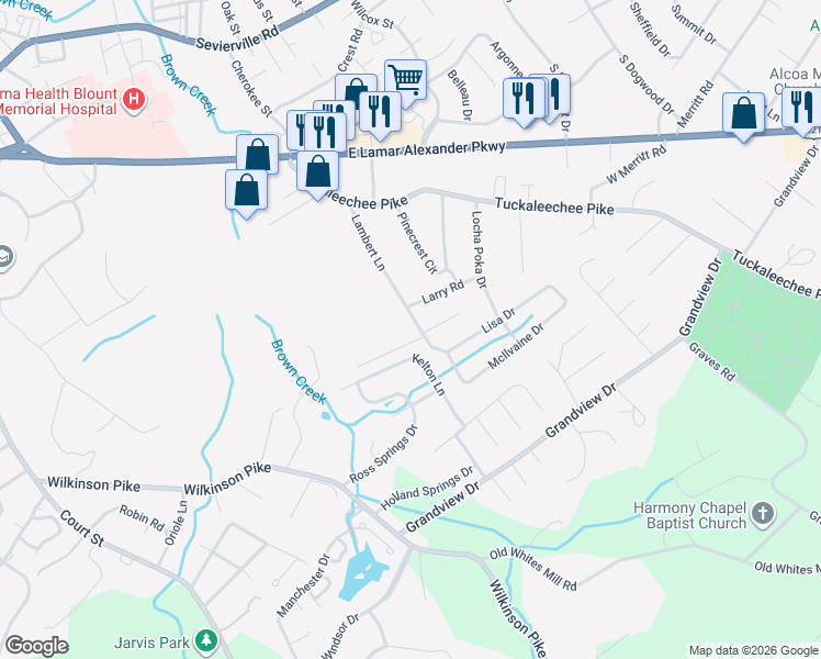 map of restaurants, bars, coffee shops, grocery stores, and more near 309 W Lambert Ln in Maryville
