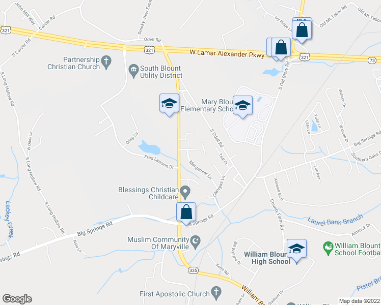 map of restaurants, bars, coffee shops, grocery stores, and more near 112 Rouen Court in Maryville