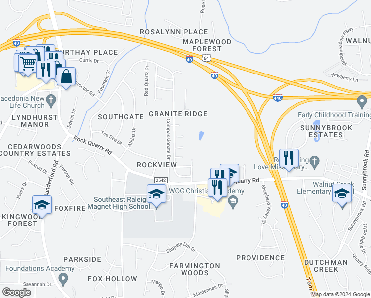 map of restaurants, bars, coffee shops, grocery stores, and more near 2720 Lead Crystal Court in Raleigh