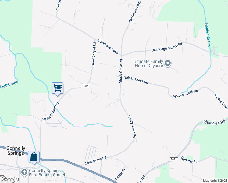 map of restaurants, bars, coffee shops, grocery stores, and more near 2322 Shade Tree Street in Connelly Springs