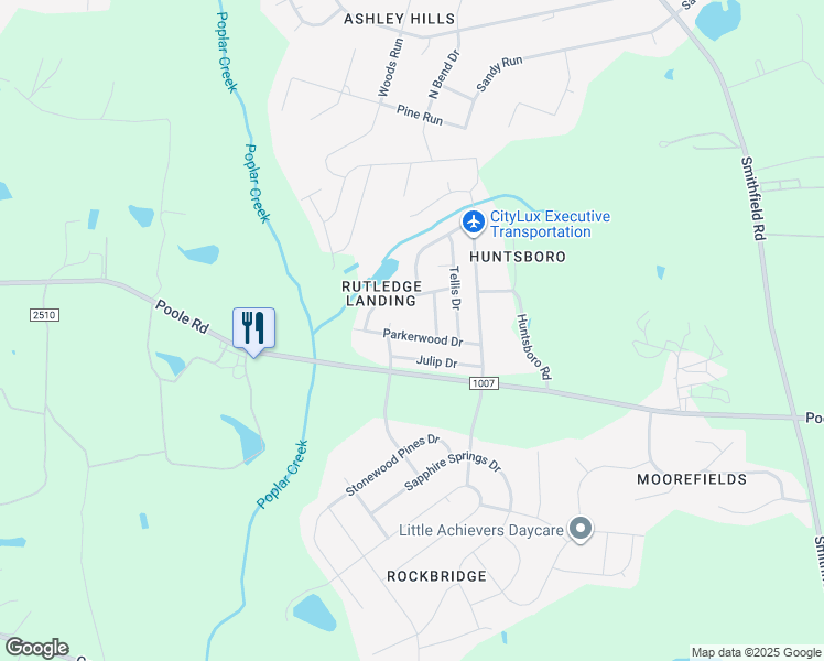 map of restaurants, bars, coffee shops, grocery stores, and more near 5113 Parkerwood Drive in Knightdale