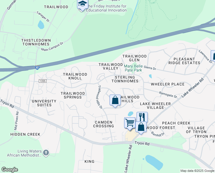 map of restaurants, bars, coffee shops, grocery stores, and more near 2313 Laurel Falls Lane in Raleigh