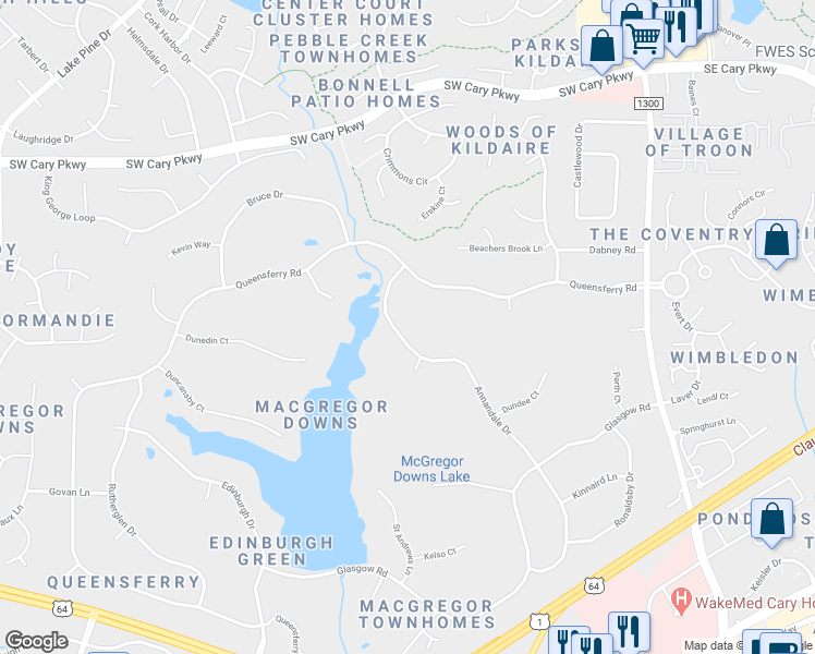 map of restaurants, bars, coffee shops, grocery stores, and more near 107 Annandale Drive in Cary