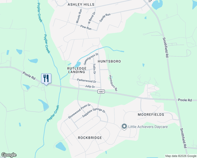 map of restaurants, bars, coffee shops, grocery stores, and more near 1232 Rutledge Landing Drive in Knightdale