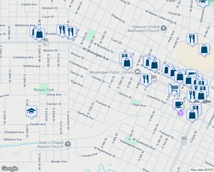 map of restaurants, bars, coffee shops, grocery stores, and more near 407 South 11th Street in Muskogee