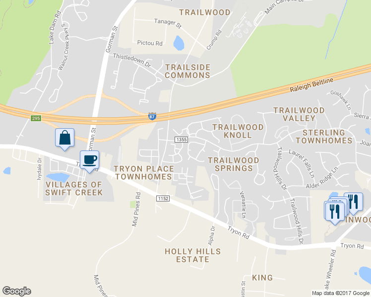 map of restaurants, bars, coffee shops, grocery stores, and more near 2301 Long and Winding Road in Raleigh