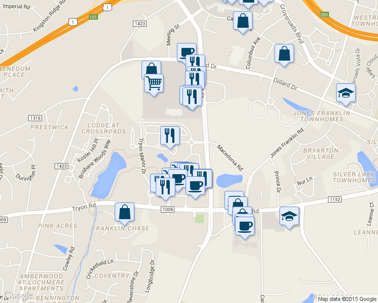 map of restaurants, bars, coffee shops, grocery stores, and more near 8735 Macedonia Lake Drive in Cary