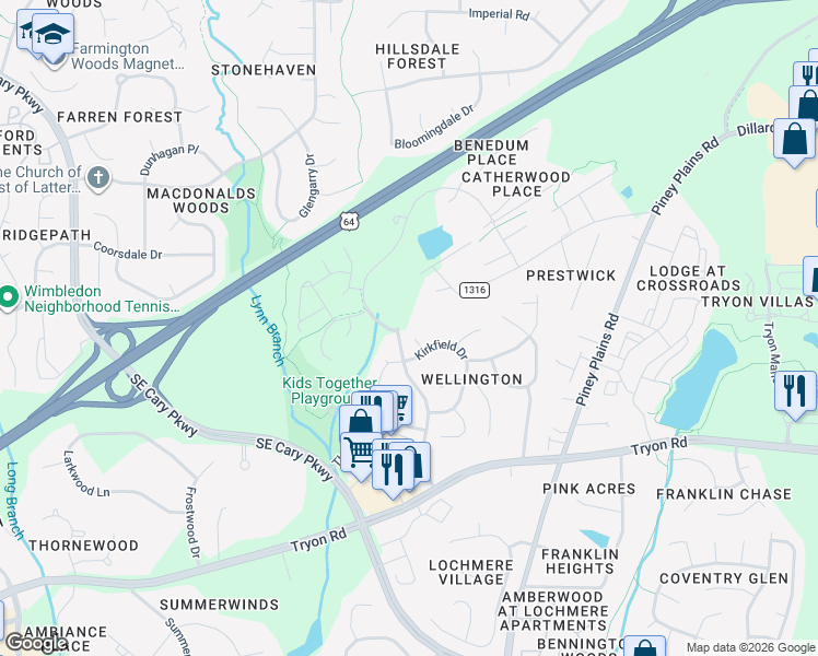 map of restaurants, bars, coffee shops, grocery stores, and more near 106 Victoria Station Court in Cary