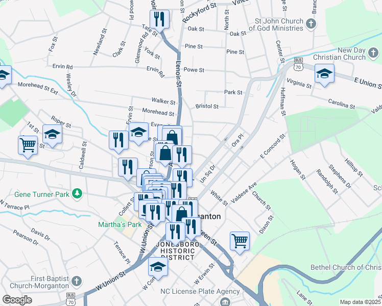 map of restaurants, bars, coffee shops, grocery stores, and more near 105 Lenoir Street in Morganton
