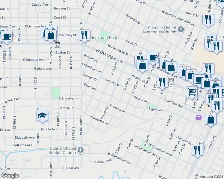 map of restaurants, bars, coffee shops, grocery stores, and more near 419 South 12th Street in Muskogee