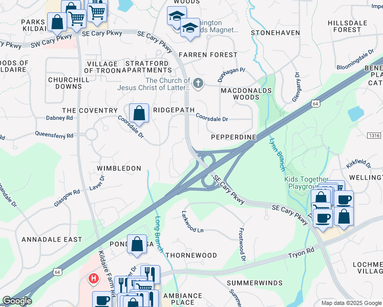 map of restaurants, bars, coffee shops, grocery stores, and more near 760 Southeast Cary Parkway in Cary