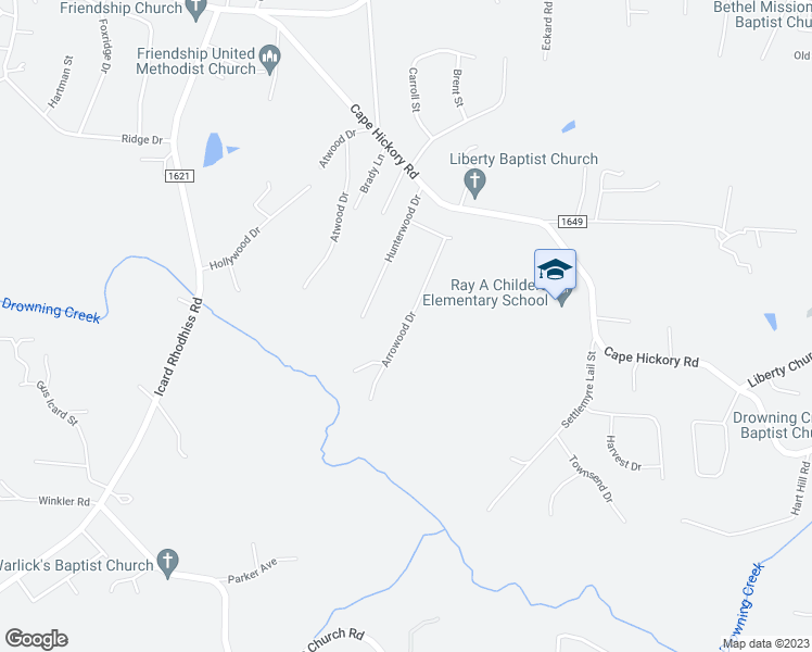 map of restaurants, bars, coffee shops, grocery stores, and more near 2360 Arrowwood Drive in Hickory