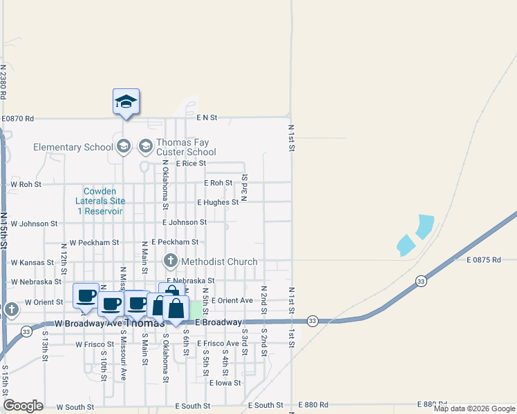 map of restaurants, bars, coffee shops, grocery stores, and more near 620 East Hughes Street in Thomas