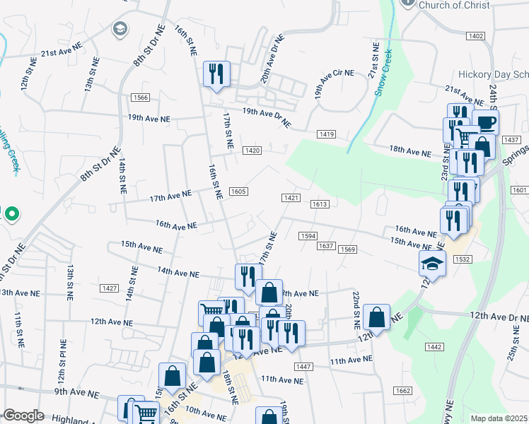 map of restaurants, bars, coffee shops, grocery stores, and more near 1538 20th Street Drive Northeast in Hickory
