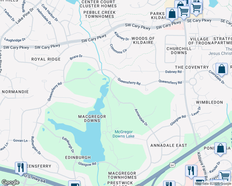 map of restaurants, bars, coffee shops, grocery stores, and more near 107 Annandale Drive in Cary