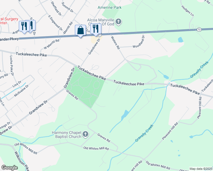 map of restaurants, bars, coffee shops, grocery stores, and more near 2406 Tuckaleechee Pike in Maryville