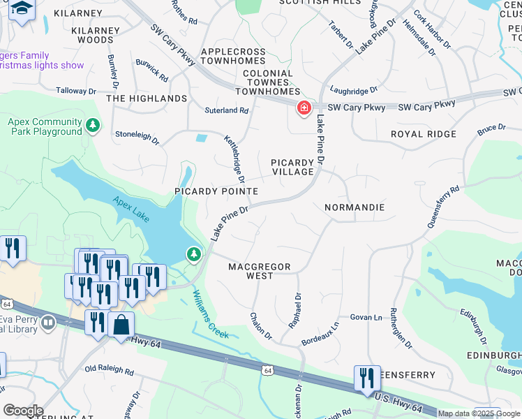 map of restaurants, bars, coffee shops, grocery stores, and more near 303 Brittany Place in Cary