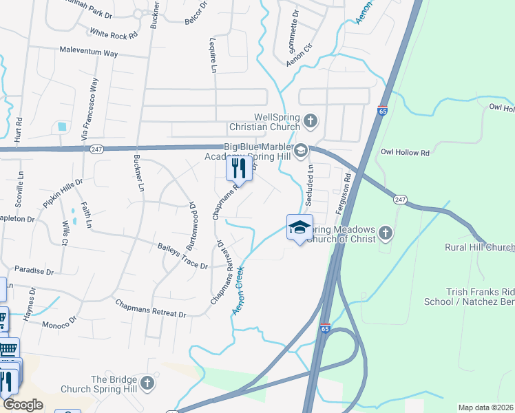 map of restaurants, bars, coffee shops, grocery stores, and more near 1611 Solitude Court in Spring Hill