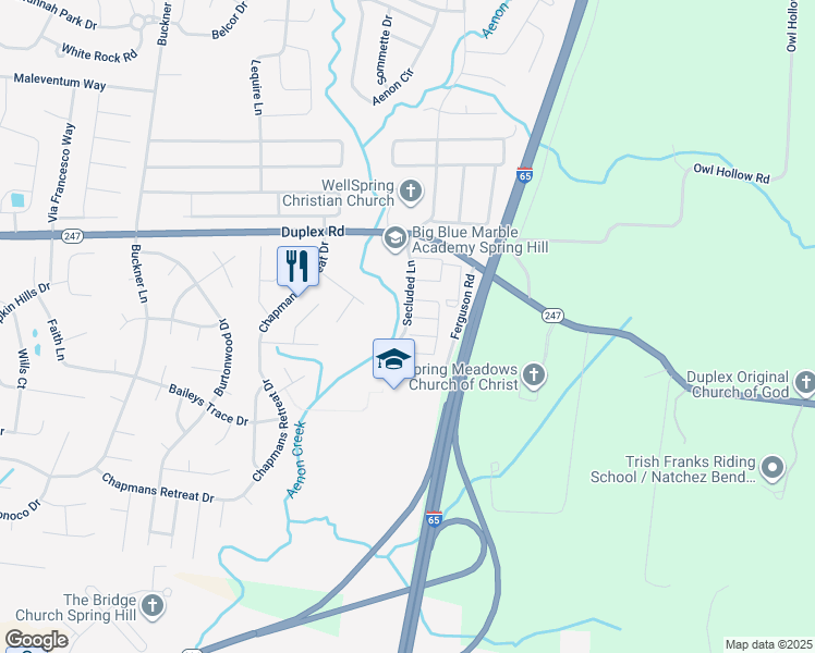 map of restaurants, bars, coffee shops, grocery stores, and more near Secluded Lane in Spring Hill