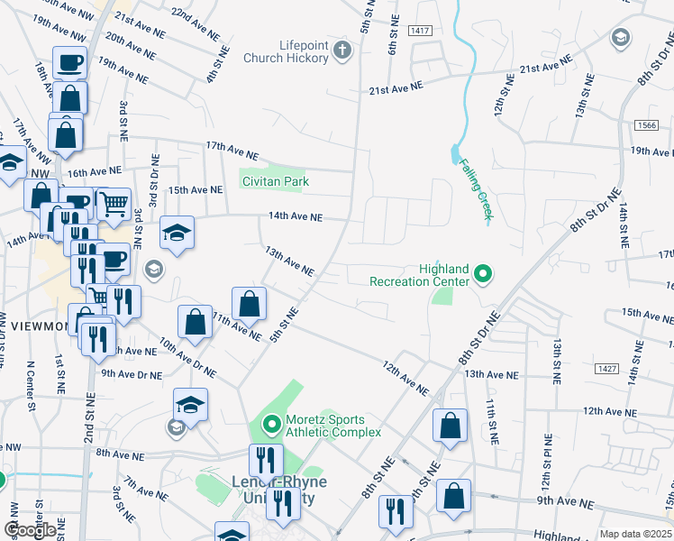 map of restaurants, bars, coffee shops, grocery stores, and more near 1330 5th Street Northeast in Hickory