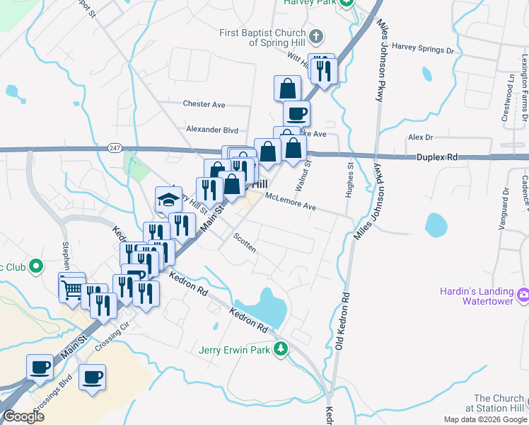 map of restaurants, bars, coffee shops, grocery stores, and more near 1020 School Street in Spring Hill