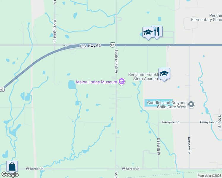 map of restaurants, bars, coffee shops, grocery stores, and more near 501 South 64th Street West in Muskogee