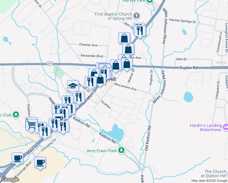map of restaurants, bars, coffee shops, grocery stores, and more near 1020 School Street in Spring Hill