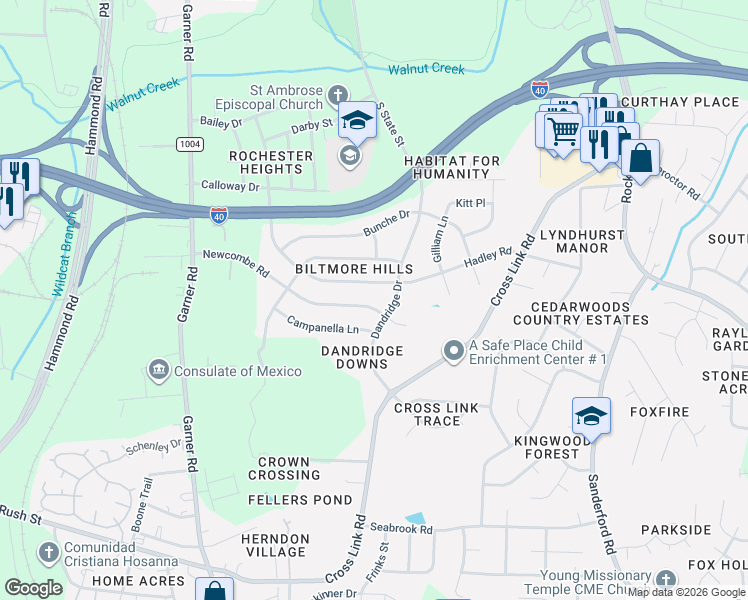map of restaurants, bars, coffee shops, grocery stores, and more near 856 Newcombe Road in Raleigh