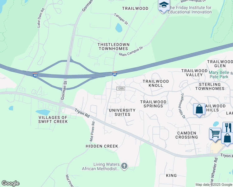 map of restaurants, bars, coffee shops, grocery stores, and more near 2020 University Woods Road in Raleigh