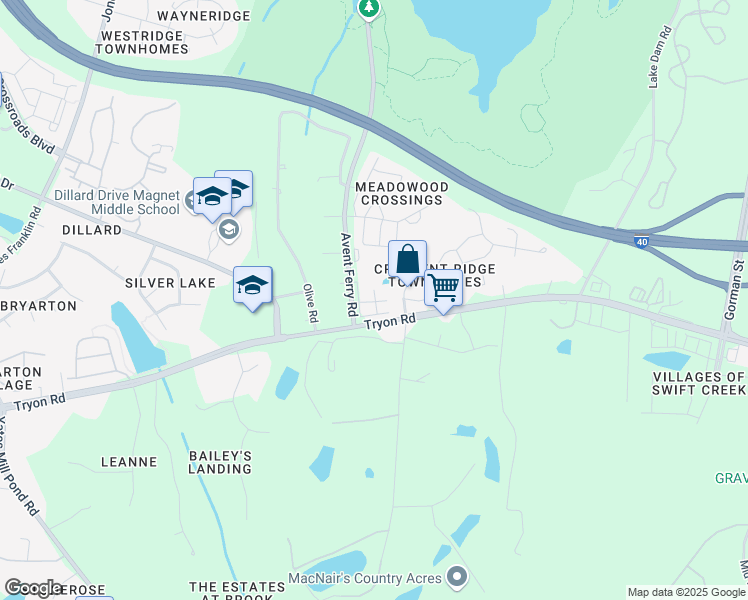 map of restaurants, bars, coffee shops, grocery stores, and more near 4620 Трион-роуд in Raleigh
