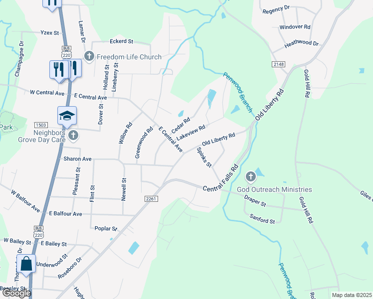 map of restaurants, bars, coffee shops, grocery stores, and more near 612 East Central Avenue in Asheboro
