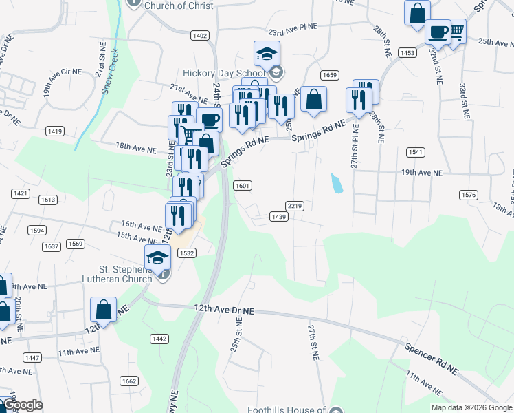 map of restaurants, bars, coffee shops, grocery stores, and more near 2501 17th Avenue Northeast in Hickory