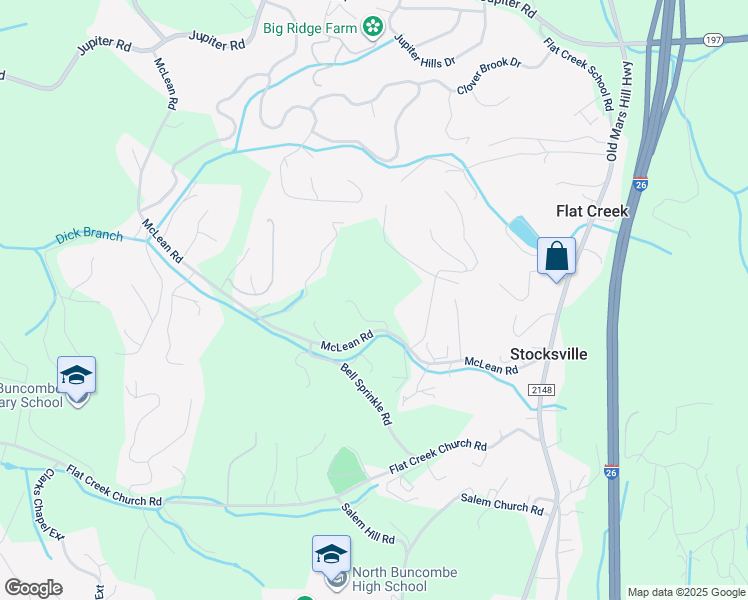 map of restaurants, bars, coffee shops, grocery stores, and more near 81 McLean Road in Weaverville