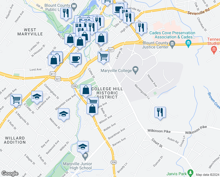 map of restaurants, bars, coffee shops, grocery stores, and more near 144 Stanley Avenue in Maryville