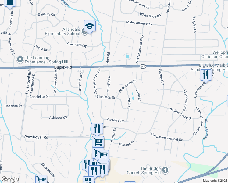 map of restaurants, bars, coffee shops, grocery stores, and more near 2908 Checkers Court in Spring Hill