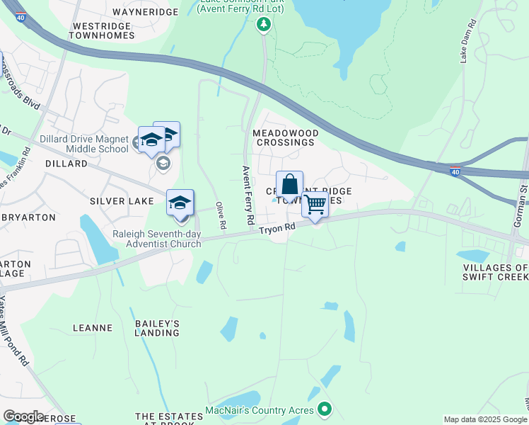 map of restaurants, bars, coffee shops, grocery stores, and more near 5521 Avent Ferry Road in Raleigh