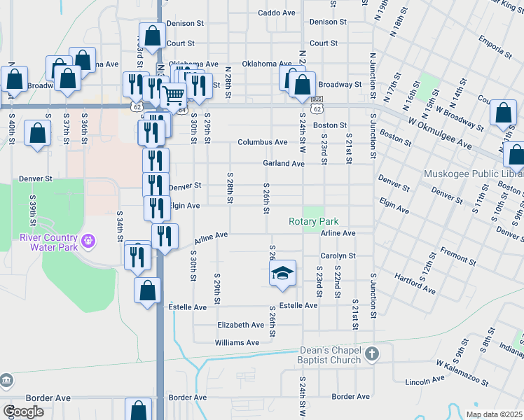 map of restaurants, bars, coffee shops, grocery stores, and more near 2611 Elgin Street in Muskogee
