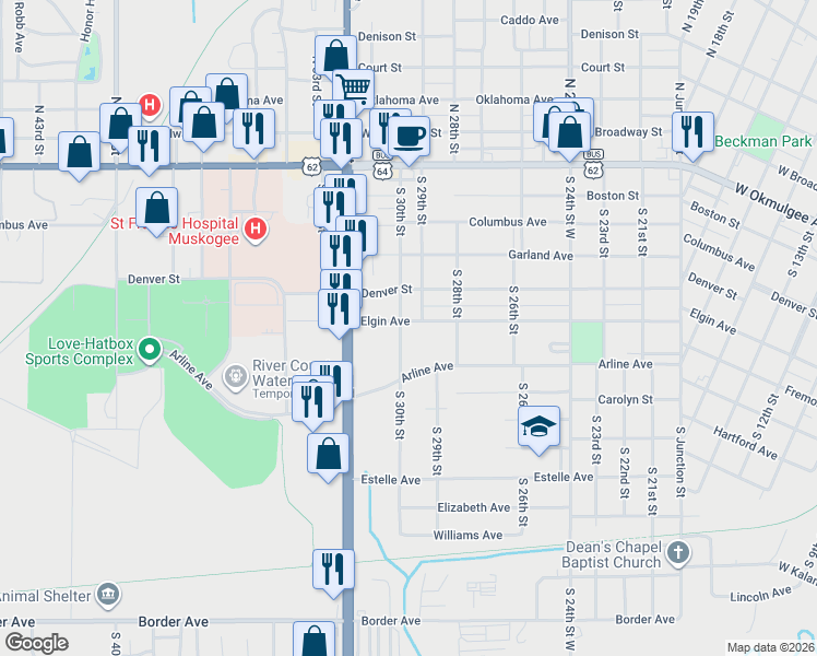 map of restaurants, bars, coffee shops, grocery stores, and more near 604 South 30th Street in Muskogee