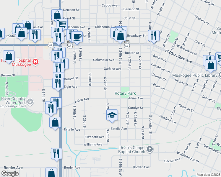 map of restaurants, bars, coffee shops, grocery stores, and more near 2417 Elgin Street in Muskogee