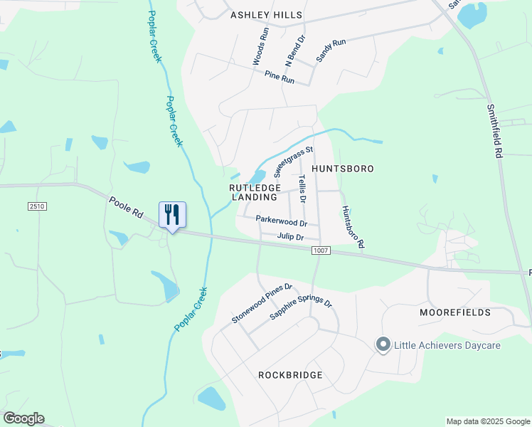 map of restaurants, bars, coffee shops, grocery stores, and more near 1213 Moore's Creek Drive in Knightdale