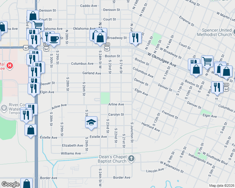 map of restaurants, bars, coffee shops, grocery stores, and more near 515 South 21st Street in Muskogee