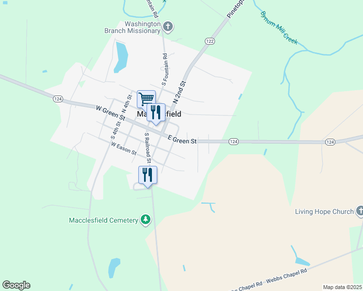 map of restaurants, bars, coffee shops, grocery stores, and more near 103 South Railroad Street in Macclesfield