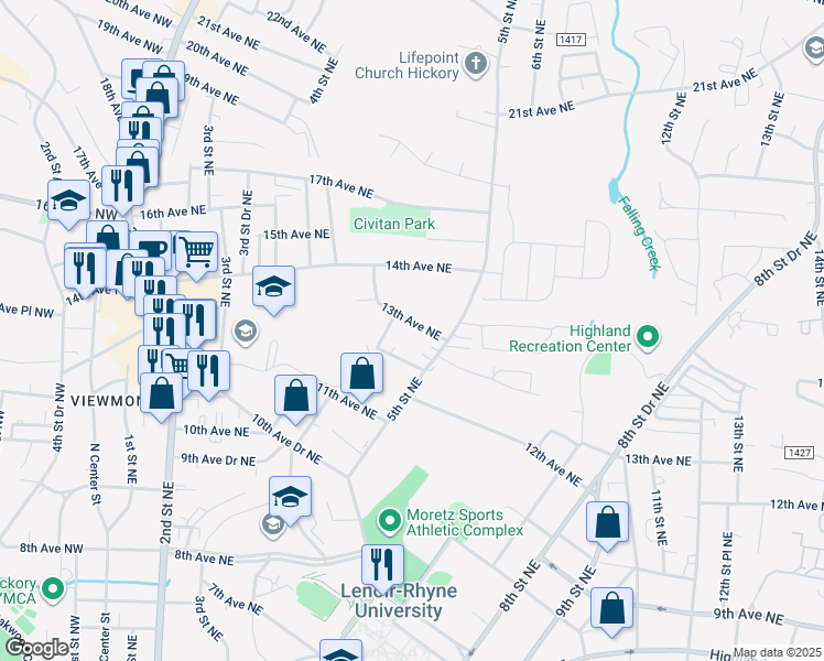 map of restaurants, bars, coffee shops, grocery stores, and more near 480 13th Avenue Northeast in Hickory