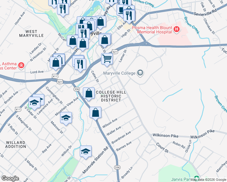 map of restaurants, bars, coffee shops, grocery stores, and more near 144 Stanley Avenue in Maryville
