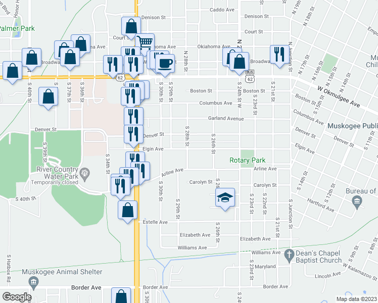 map of restaurants, bars, coffee shops, grocery stores, and more near 2625 Elgin Street in Muskogee