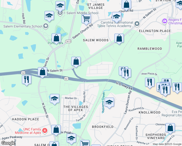 map of restaurants, bars, coffee shops, grocery stores, and more near 1087 Lathrop Lane in Apex