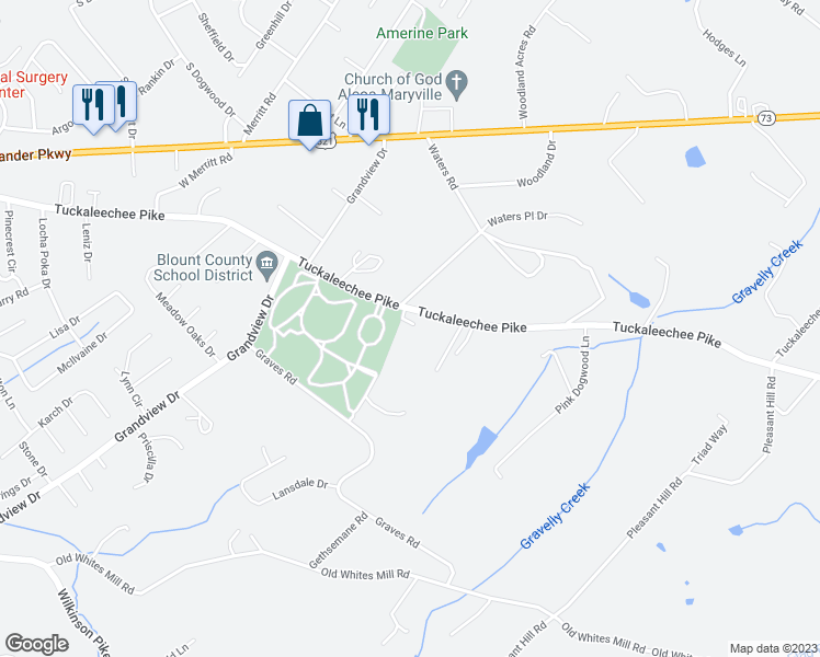 map of restaurants, bars, coffee shops, grocery stores, and more near 2406 Tuckaleechee Pike in Maryville