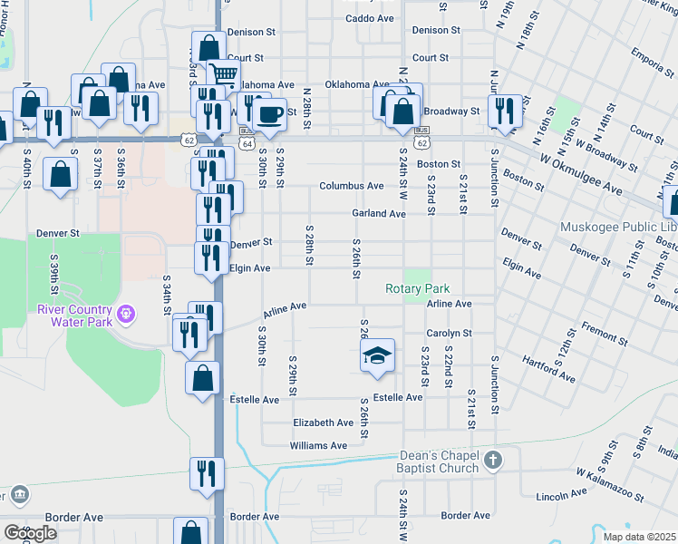 map of restaurants, bars, coffee shops, grocery stores, and more near 2611 Elgin Street in Muskogee